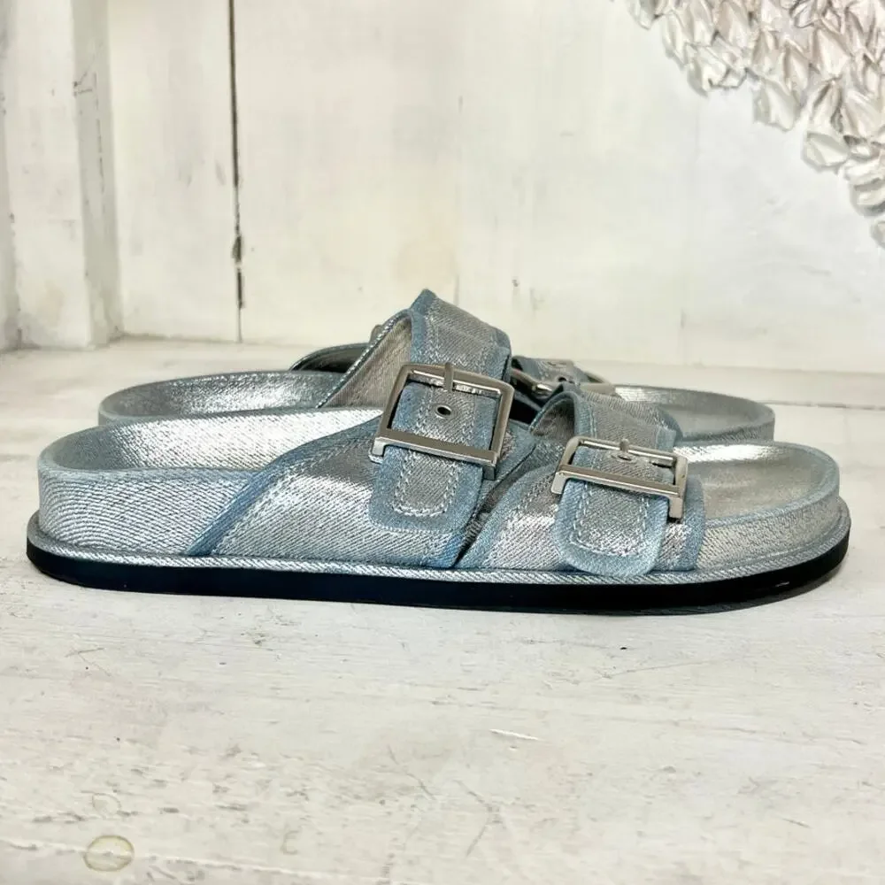 Zara Metallic Light Blue Double Buckle Slide Sandals - Picture 7 of 8